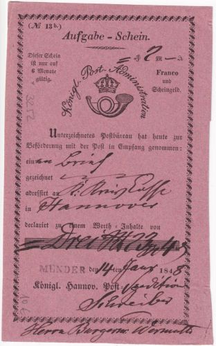 Hannover - Münder schwarzer L1 rosa Aufgabeschein f. Fahrpostsendung 1848
