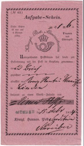 Hannover - Münder grünlich-blauer L1 rosa Aufgabeschein f. Fahrpostsendung 1854