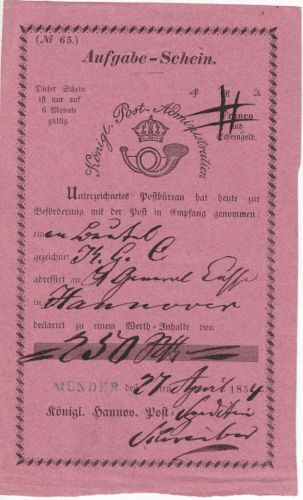 Hannover - Münder blauer L1 rosa Aufgabeschein f. Fahrpostsendung 1854