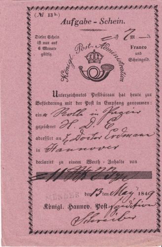 Hannover - Münder schwarzer L1 rosa Aufgabeschein f. Fahrpostsendung 1849