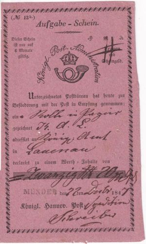 Hannover - Münder schwarzer L1 rosa Aufgabeschein f. Fahrpostsendung 1847