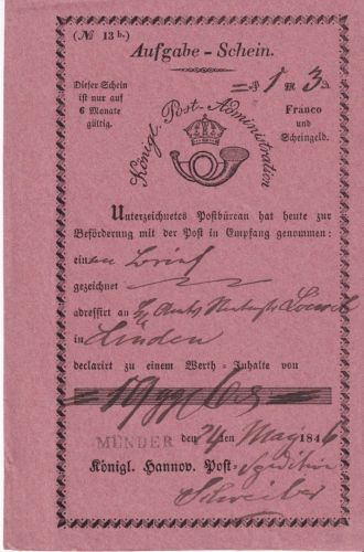 Hannover - Münder schwarzer L1 rosa Aufgabeschein f. Fahrpostsendung 1846