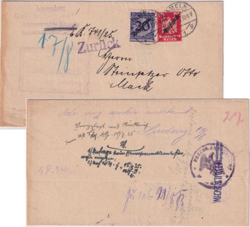 DR - 20 Pfg. Korbdeckel/Dienst u.a. Zustellurkunde/Ortsbrief Hameln 1925 Retour
