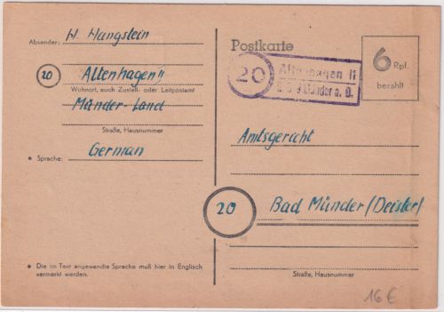 All.Bes./BZ - 6 Pfg Ganzsache Behelfsausgabe (10) Altenhagen ü. Münder a.D. 1945