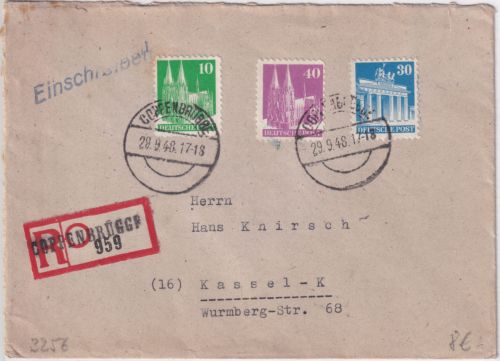 Bizone - 40+30+10 Pfg. Bauten Einschreibebrief Coppenbrügge - Kassel 1948