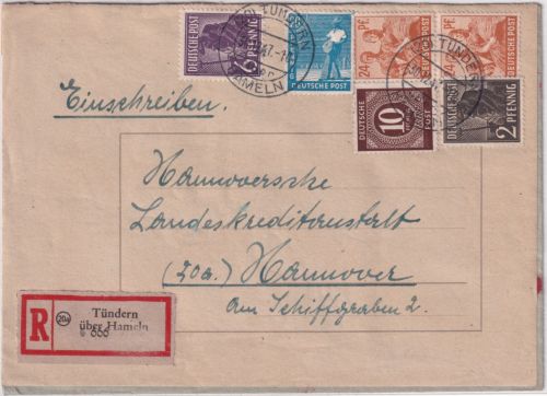 All.Bes./Kontrollrat - Tündern ü. Hameln Poststelle I Einschreibebrief 1947