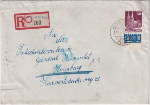 Bizone - Klein Bülten ü. Peine Poststelle I Einschreibebrief n. Hamburg 1950