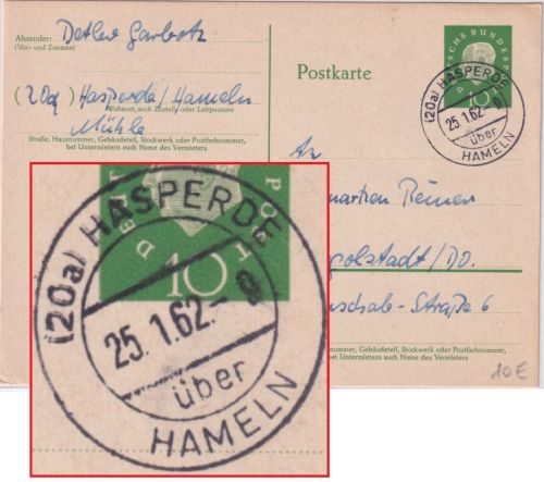 BRD - (20a) Hasperde ü. Hameln Poststelle I ganzsache n. Ingolstadt 1962