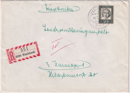 BRD - 3251 Fischbeck Poststelle I Einschreibebrief n. Hannover 1965