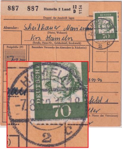 BRD - Hameln 2 alter Reichspost-Stpl. Paketkarte n. Frankenfeld 7.8.62