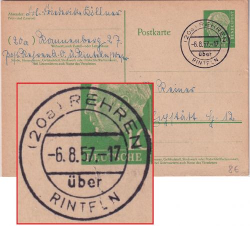 BRD - (20a) Rehren ü. Rinteln Poststelle I Ganzsache n. Eichstätt 1957