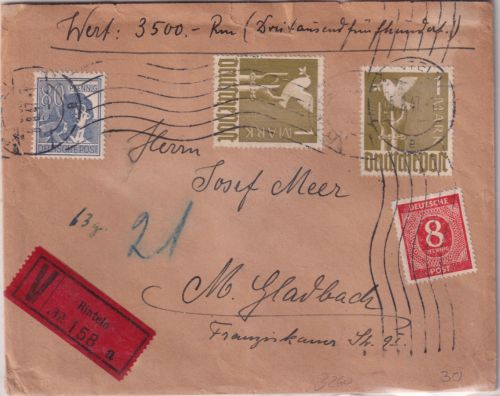 All.Bes./Kontrollrat - 2x1 RM Taube u.a. Wertbrief Rinteln - M.Gladbach 1947