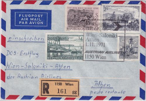 Österreich - Austrian Airlines Erstflug Wien-Athen Lupo-Einschreibebrief 1971