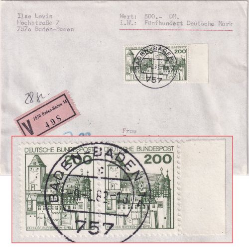 BRD - 200 Pfg. B&S waagr. Paar Wertbrief (500 DM) Baden-Baden - Augsburg 1982