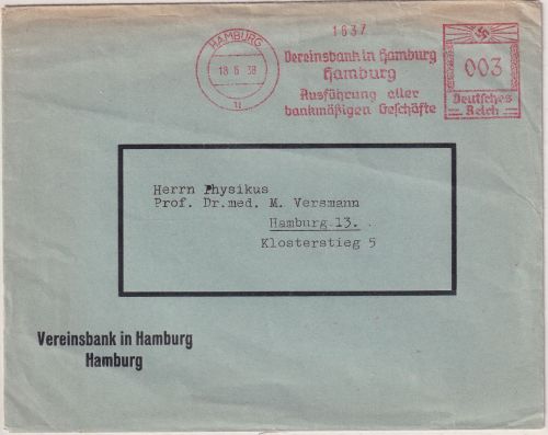 DR - Hamburg 11 1938 3 Pfg. AFS Vereinsbank Drucksache/Ortsbrief