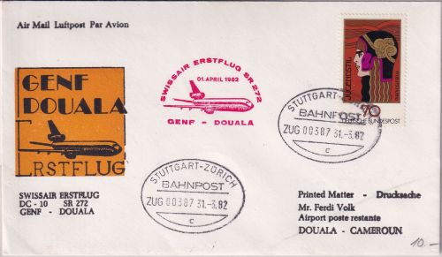 Schweiz/Kamerun - Swissair Erstflug Genf Douala 1.4.1982 Zuleitung BRD