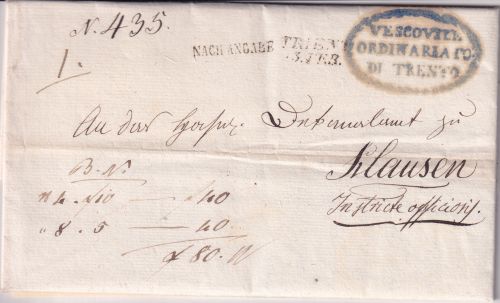 Österreich/Venetien - Triest 1858 portofreier Geldbrief (80 Gulden) n. Klausen