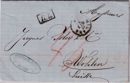 Österreich/Lombardei - Mailand 1861 Portobrief i.d. SCHWEIZ (Wohlen) Ra1 "R.L."