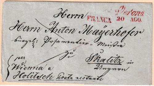 Österreich/Lombardei - Verona L2 u. L1 "Franca" Frankobrief n. UNGARN ca. 1845