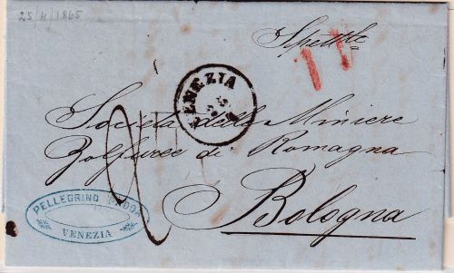 Österreich/Lombardei - Venedig 25/4 (1865) Portobrief n. ITALIEN (Bologna)