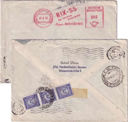 BRD - Hockenheim 1957 40 Pfg. AFS Brief n. ITALIEN 3x5 L. Portomarke/Lagergebühr