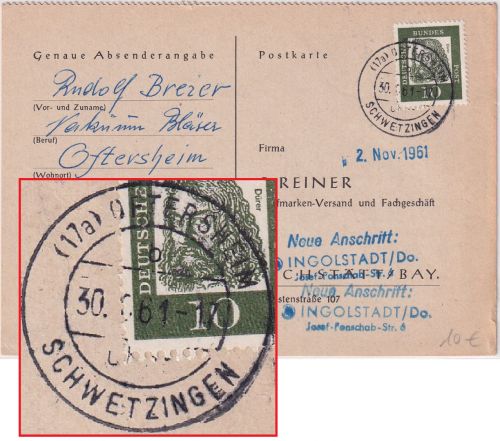 BRD - (17a) Oftersheim ü. Schwetzingen Poststelle I Karte n. Ingolstadt 1961