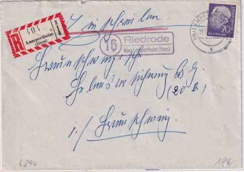 BRD - (16) Riedrode ü. Lampertsheim Landpost-Ra2 Einschreibebrief 1959