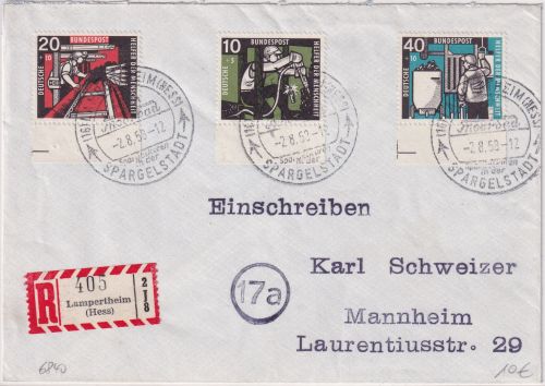BRD - 40 Pfg. Wofa/Kohlebergbau u.a. Einschreibebrief Lampertsheim Mannheim 1958