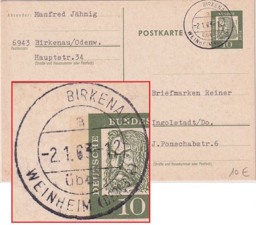BRD - Birkenau ü. Weinheim apt. Poststelle I Ganzsache n. Ingolstadt 1963