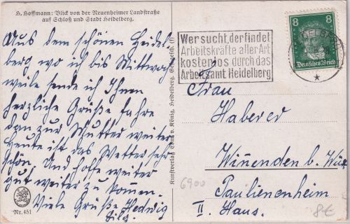DR - Heidelberg Arbeitsamt 1928 Masch.werbestpl. Karte n. Winnenden