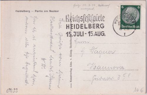 DR - Heidelberg Reichsfestspiele 1934 Masch.werbestpl. Karte n. Hannover