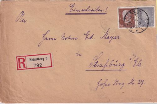 DR - 50+20 Pfg. Reichspräsidenten Einschreibebrief n. FRANKREICH Heidelberg 1930