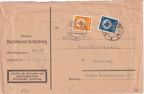 DR - 50+4 Pfg. Dienst/Hkr. Zustellurkunde Heidelberg 1936