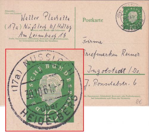 BRD - (17a) Nussloch ü. Heidelberg Poststelle I Ganzsache n. Ingolstadt 1961