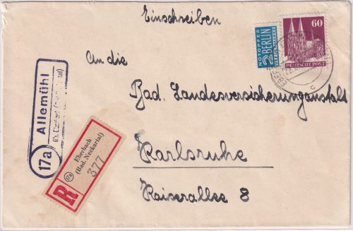 Bizone - (17a) Allemühl ü. Eberbach Landpost-Ra2 Einschreibebrief 1951