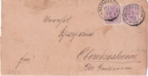 DR - 2x5 Pfg. Brief K1 Hassmersheim - Obereisesheim 1884