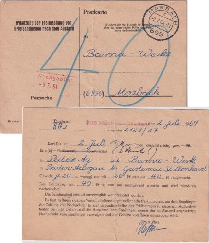 BRD - Mosach 1964 Postsache/Ergänzung Freimachung Briefsendung Ausland