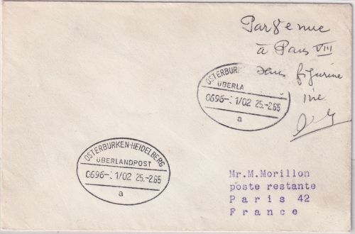BRD - Überlandpost Osterburken Heidelberg 0696-1/02 Brief n. FRANKREICH 1965