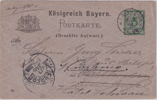 Bayern - Hardheim 10/1 91 K1 Fremdentwertung 5 Pfg. Ganzsache/Antwortteil