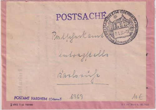BRD - Hardheim 1958 Handwerbestempel Postscheckbrief n. Karlsruhe