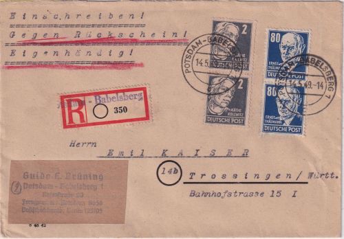 SBZ - Potsdam-Babelsberg 1949 Einschreibebrief-Rückschein-Eigenhändig