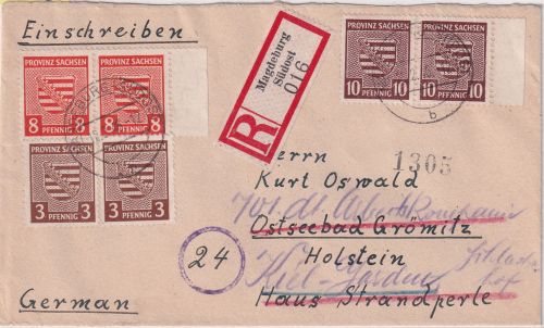 SBZ/Prov. Sachsen - 2x10 Pfg. Wappen u.a. Einschreibebrief Magdeburg-Südost 1946