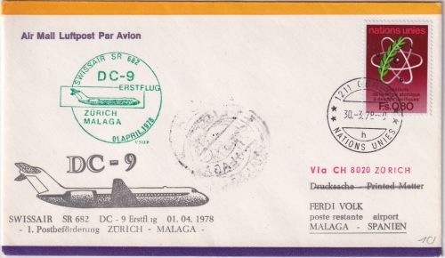 UNO Genf - Swissair Erstflug Zürch Malaga 1.4.78 Zuleitungspost