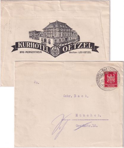 DR - Bad Mergentheim Kurhotel Oetzel illustr. Firmenkuvert n. München 1925