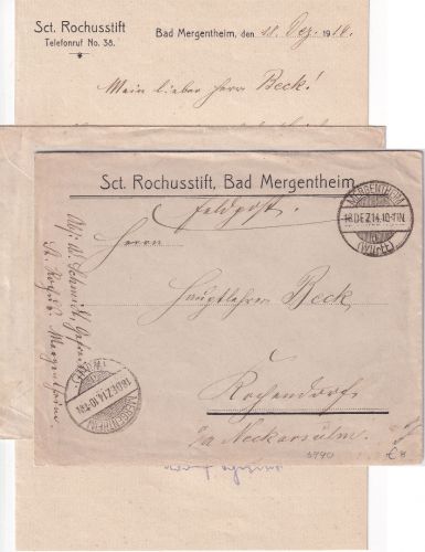 DR - Bad Mergentheim Vordruckkuvert m. Inhalt Feldpostbrief n. Kochendorf 1914