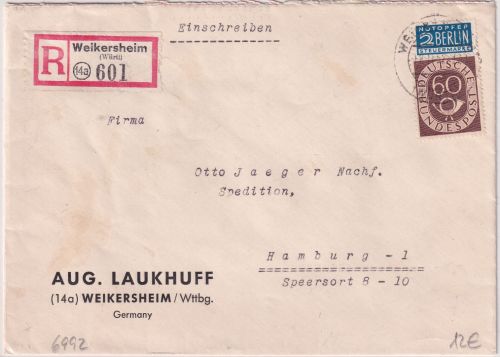 BRD - 60 Pfg. Posthorn Einschreibebrief Weikersheim - Hamburg 1952