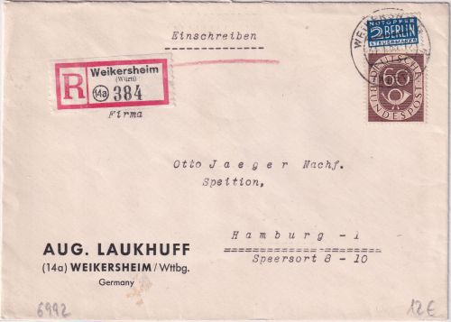 BRD - 60 Pfg. Posthorn Einschreibebrief Weikersheim - Hamburg 1953