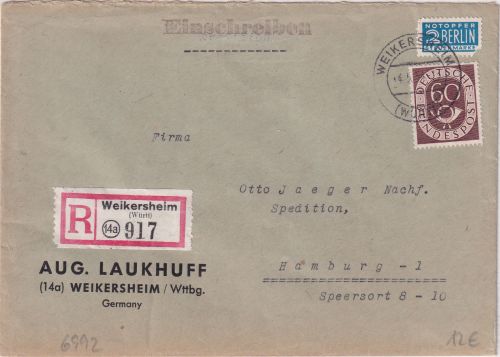 BRD - 60 Pfg. Posthorn Einschreibebrief Weikersheim - Hamburg 1953