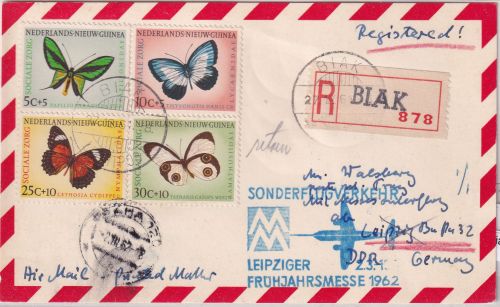 Niederl. Neuguinea - Schmetterlinge Satz Luftpost-Einschreibekarte Biak 1961