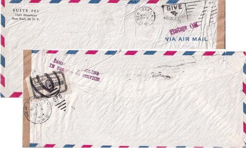 USA - New York 1960 "Crash cover"/postal service Luftpostbrief n. Berlin